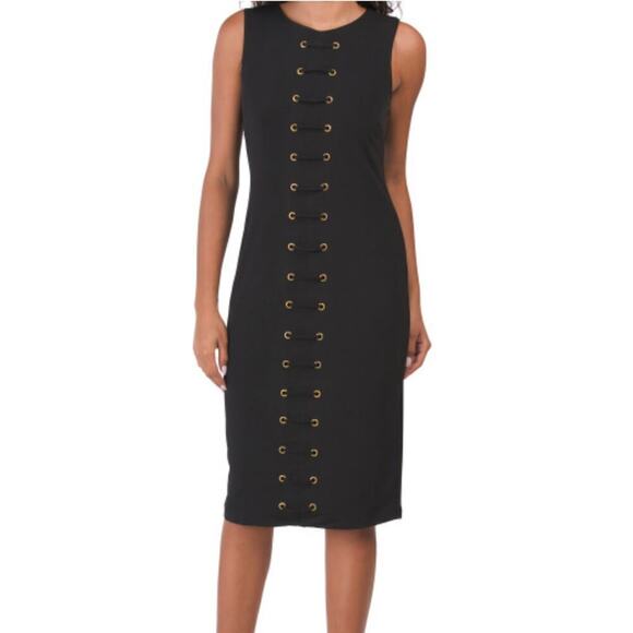New! Carmen Marc Valvo Women's Lace up Grommet Detail Midi Dress - Picture 2 of 8